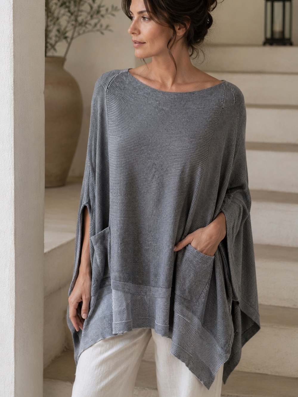 Anthropologie Moth Grey Knit Poncho Sweater Medium Boho Lagenlook Oversized